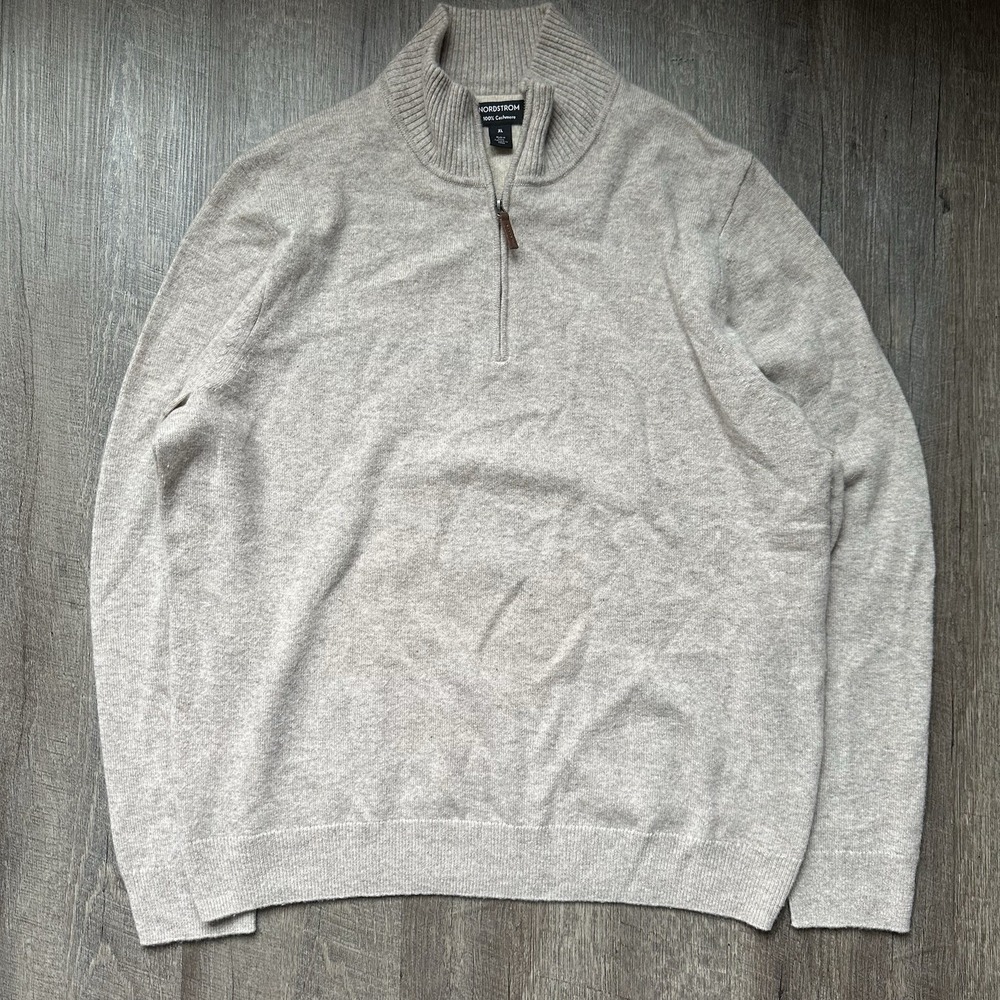 Nordstrom Men's Shop 100% Cashmere Quarter Zip Luxury Sweater Size XL Beige